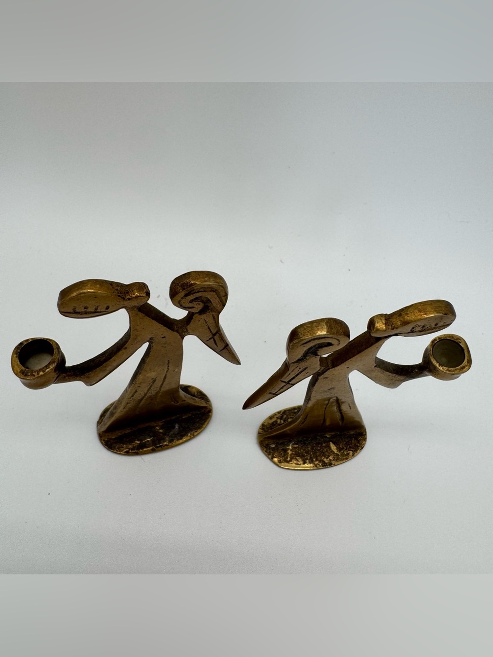 Vintage Mid Century Brutalist Solid Brass Angel Candle Holders Made in Korea - Picture 3 of 8